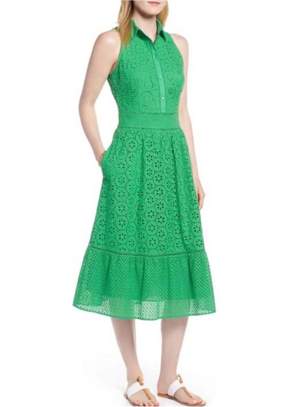 1901 Cotton Green Eyelet Lace Sleeveless Button-Front Shirtdress Cottagecore 2P